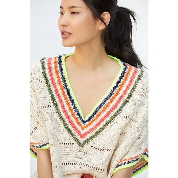 Anthropologie Daily Practice Striped Poncho V-Neck Knit Pullover Sweater L - Picture 4 of 13